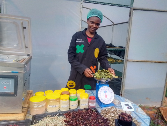 Esbon Nyaga a farmer (PSP-1) Murang’a East Project Area at his solar drier assessing quality of his harvested herbs.
